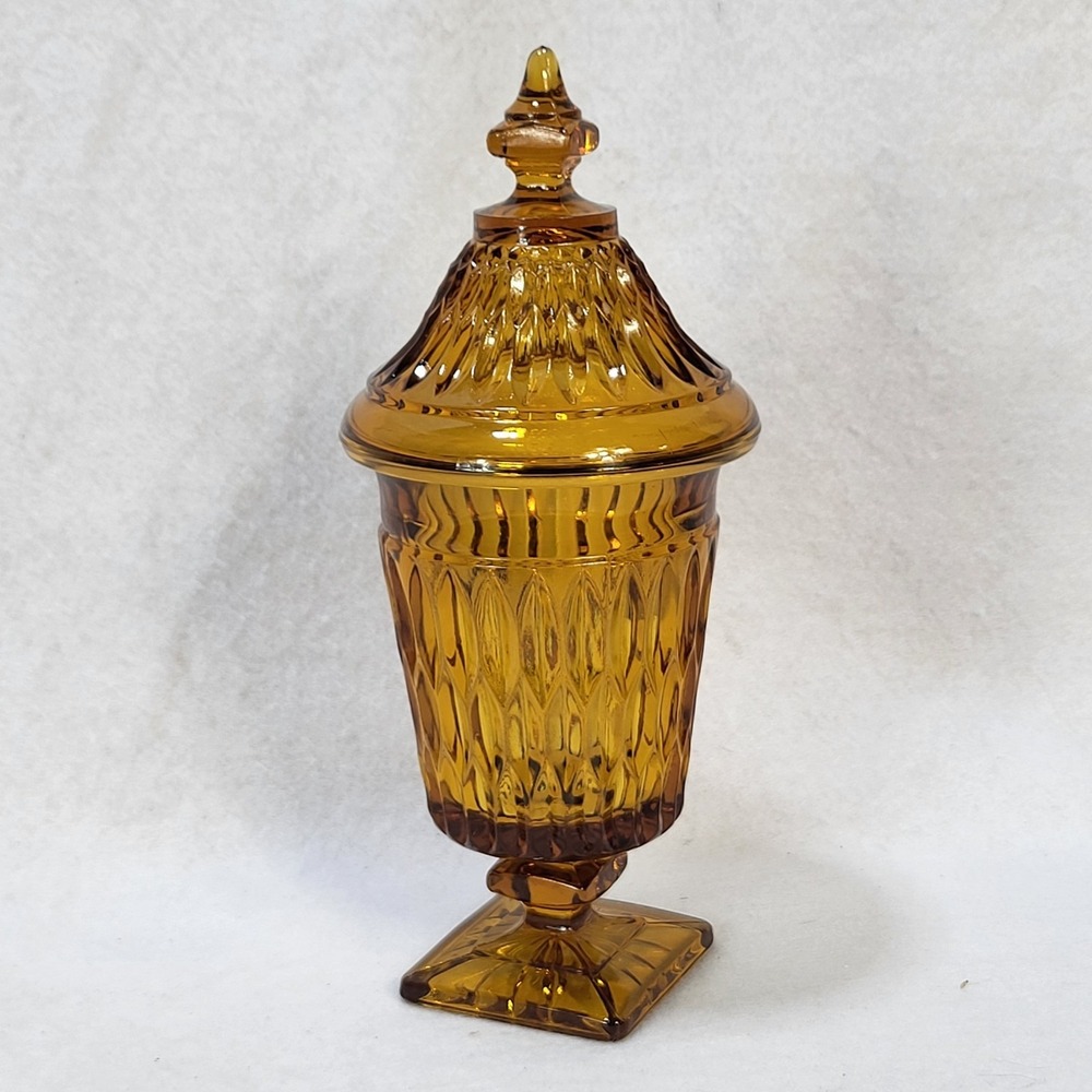 VTG Amber Indiana Glass Apothecary Candy Jar Pedestal Lid Diamond Pattern 10in